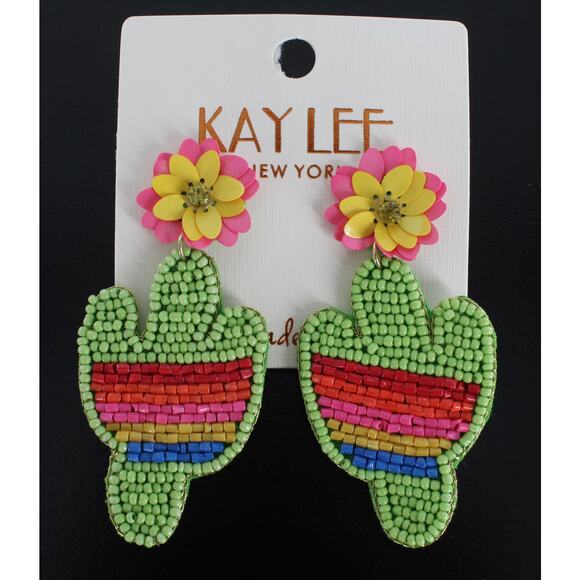Kay Lee Boho Seed Bead Beaded Cactus Statement Earrings #ONE9057LI - Picture 2 of 2
